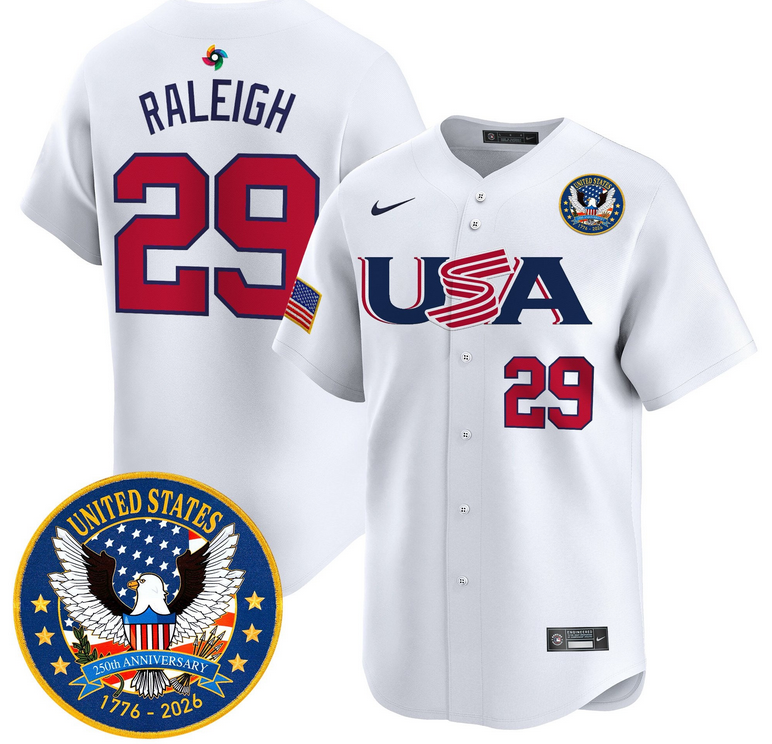 Men Team USA World Baseball Classic 250th Anniversary #29 Raleigh white 2026 Roster Patch Vapor Jersey